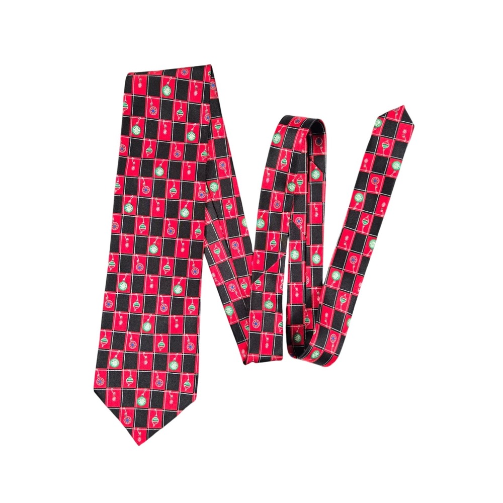 Hallmark Holiday Traditions Silk Tie Mens Red Black Christmas Ornaments Check